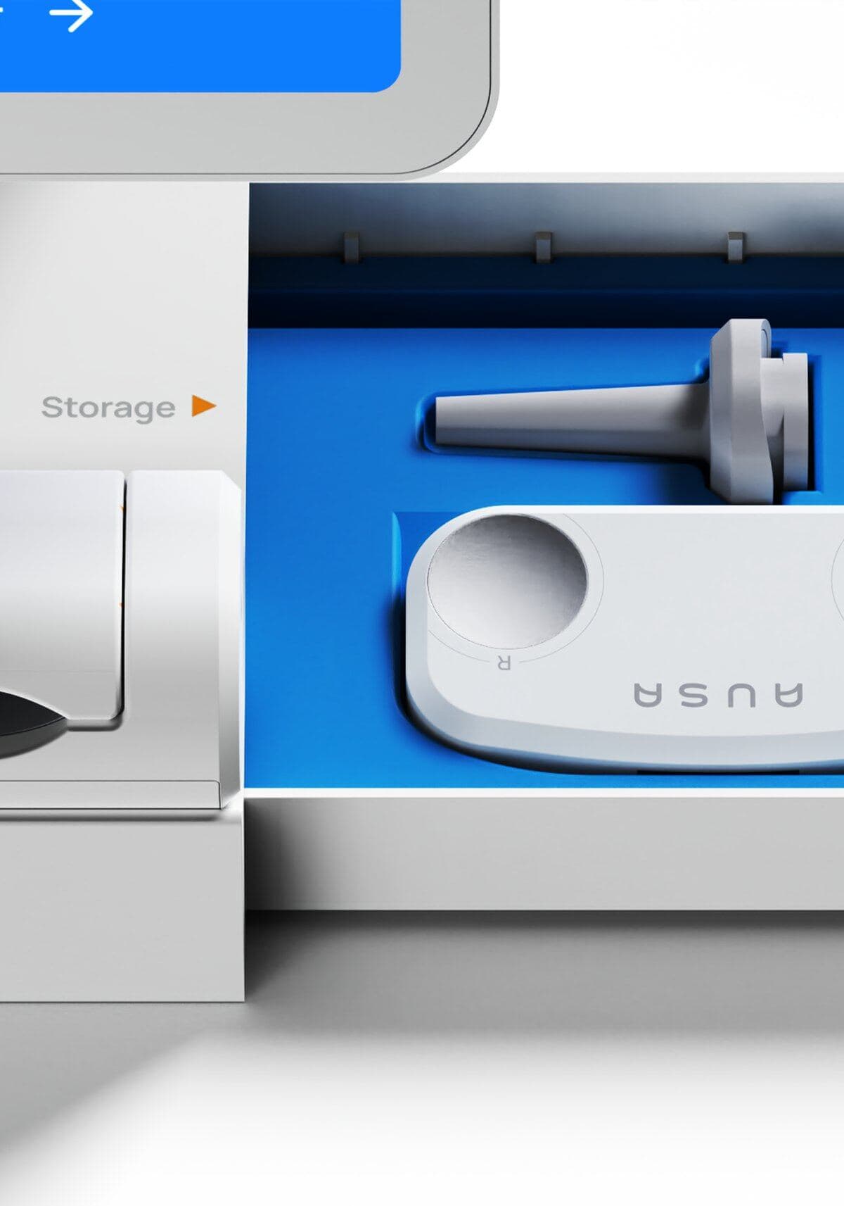 Ausa Health device kit on a blue tray